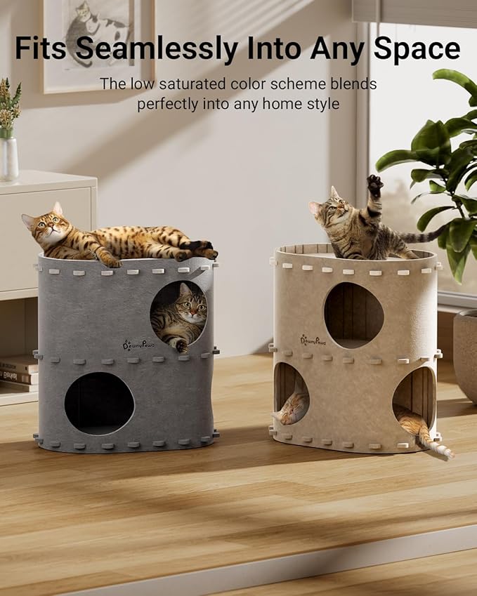 DownyPaws Cat House for Indoor Cats, 2-Storey Foldable Cat Bed Cave, Felt Cats Tunnel Bed Condo, Castle Kitten Cube Hideaway for Multicats, Scratch Resistant, Cream