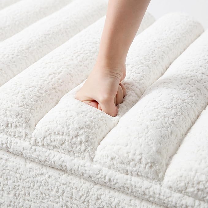 Kmax 45" Storage Bench Faux Fur Entryway Bench Upholstered Ottoman Bench with Wavy Top & Safty Hinge for Bedroom Living Room Hallway, White