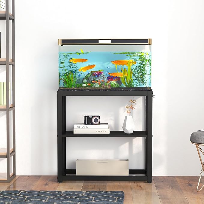 30.7" W x 13" Inch for 20-29 Gallon Long Fish Tank Stand With Storage Shelf, Aquarium Stand With Hooks,Heavy Duty Metal Turtle Reptile Tank Stand, Easy Assemble