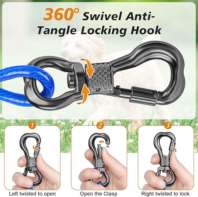 Tresbro 25 FT Dog Tie Out Cable with Spring, Shock Absorbing Tether Chains for Outside Aavilable in 10/15/20/25/30/40/50/70/100/120 FT, Heavy Duty Leads for Yard for Medium & Large Dogs Up to 500 LBS