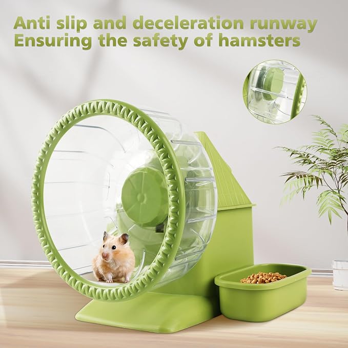 4 in 1 Silent Large Hamster Wheel Multifunctional Hamster Running Wheel Quite Running Spinner Wheel Accessories with Food Bowl Water Bottle for Hamsters Dwarf Gerbil (Green)