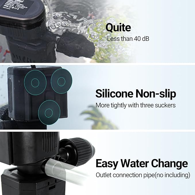 OiiBO 11W Aquarium Internal Filter, 317 GPH Fish Tank With Adjustable Aeration System, 360 Wave-Maker Submersible for 10-50 Gallon Tank - Black