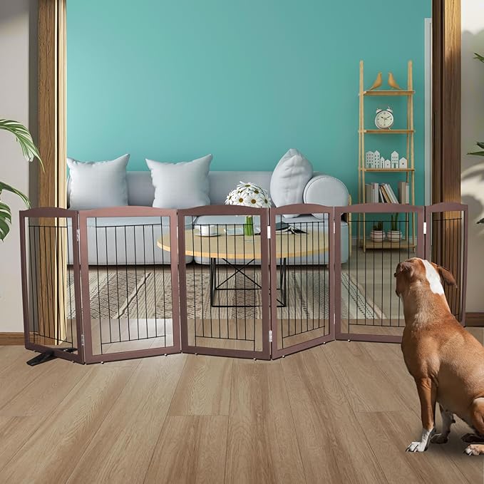 ZJSF Freestanding Dog Fence Indoor, Foldable Dog Gate for Doorways, Stairs or Hallways, Sturdy Wood Extra Wide Pet Gate with Support Feet for The House, Brown, 32 "Height-6 Panels