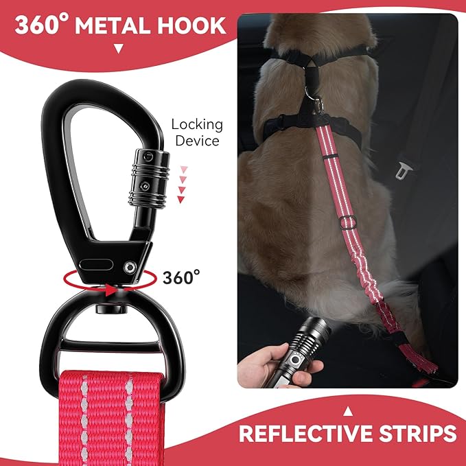 Pawaboo 2Pack Dog Seatbelt for Car, 3-in-1 Dog Seat Belt Bungee, Shockproof Dog Car Tether with Buckle & Hook Latch, Adjustable Reflective Dog Car Harness Leash with 360° Lockable Buckle, Red