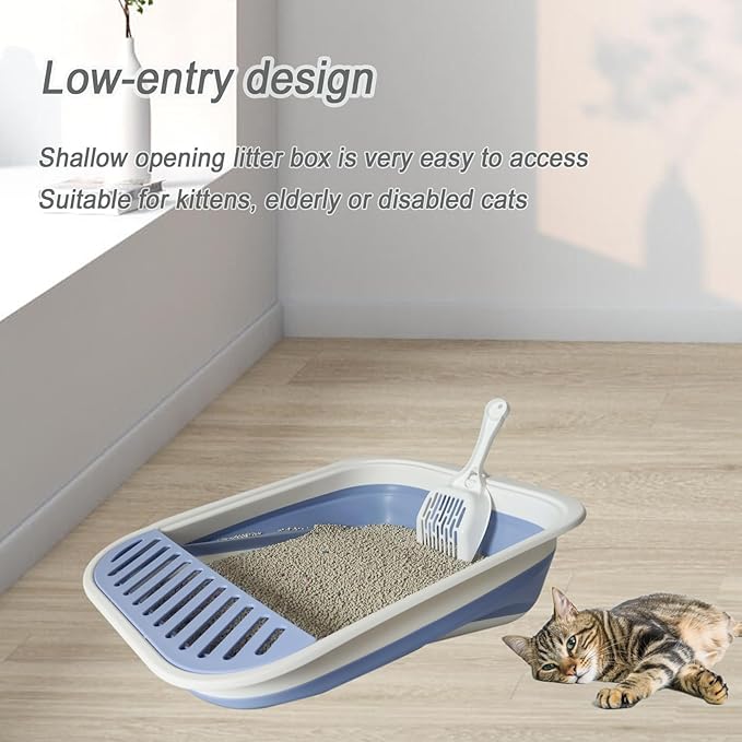 Collapsible Small Cat Litter Box,Kitten Open Potty Pan with Scoop Cat Toilet with Falling Sand Pedal Low Entrance Foldable Kittens Travel Litter Box Blue