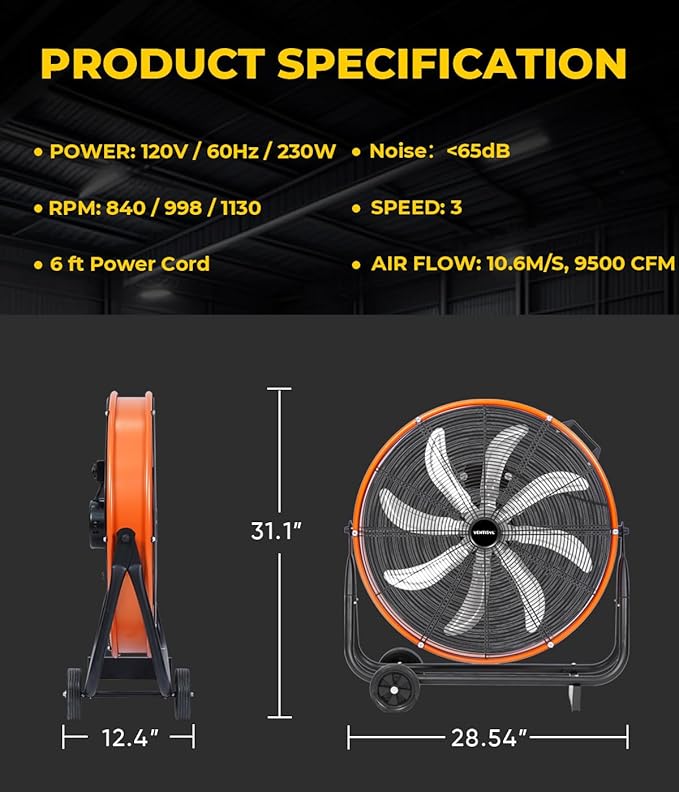 VENTISOL 24 Inch Industrial Floor Drum Fan, 9500 CFM Heavy Duty Floor Fan with 8 Blades, 3-Speed High Velocity Shop Fan, Metal Fans for Warehouse, Patios, Garage