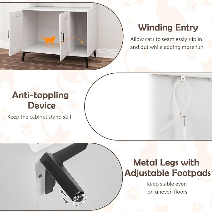 PETSITE Cat Litter Box Enclosure with Storage Shelf, 52 Inches Tall Modern Wooden Hidden Litter Box Furniture with Storage Shelving, Ideal for Indoor Cats (White)