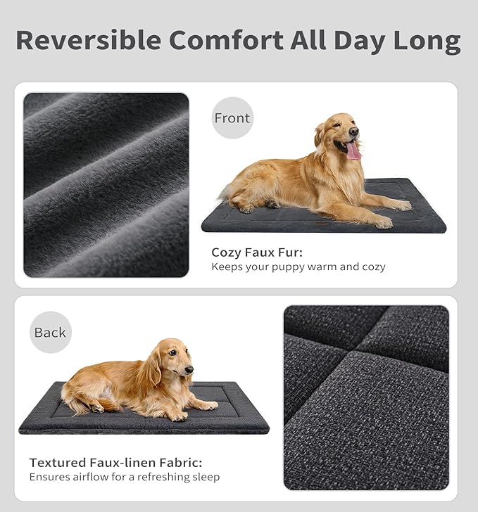 Made4Pets Dog Crate Pad Bed for Large Dogs, Washable & Reversible, Anti-Slip Kennel Mat for Cozy Sleeping, Soft Fluffy Dog Bed for Indoor & Outdoor Use, 44"x32", Dark Gray