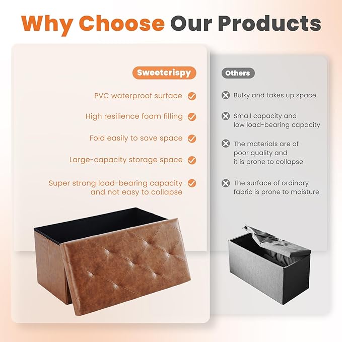 Sweetcrispy 30 Inches Folding Ottoman with Storage Bench, Foot Rest Stool, End of Bed Storage Bench Upholstered, Load 660 lbs, for Living Room, Synthetic Leather, Brown