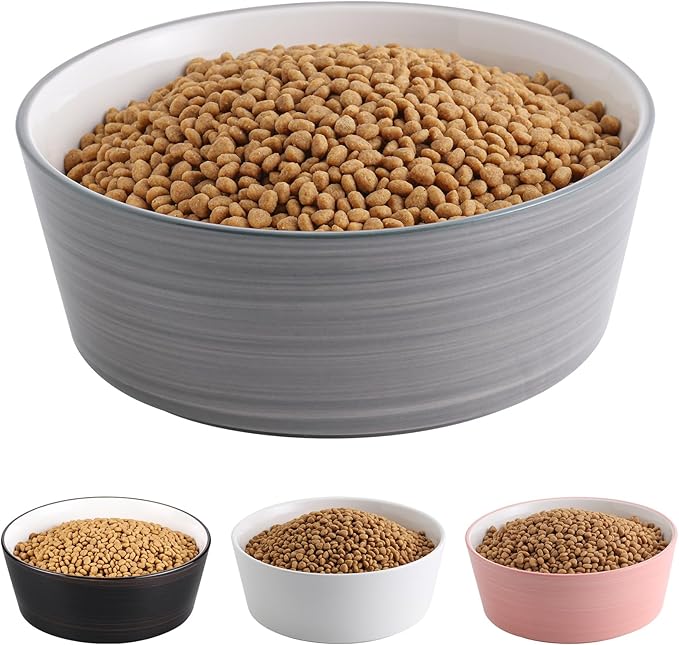 Grey White Dog Bowl Ceramic for Medium Large Breed, Heavy Weighted Dog Food Water Feeder Dish, 8 in Non - Slip Modern Cute Extra Big Porcelain Pet Bowl Maze Wide Mouth