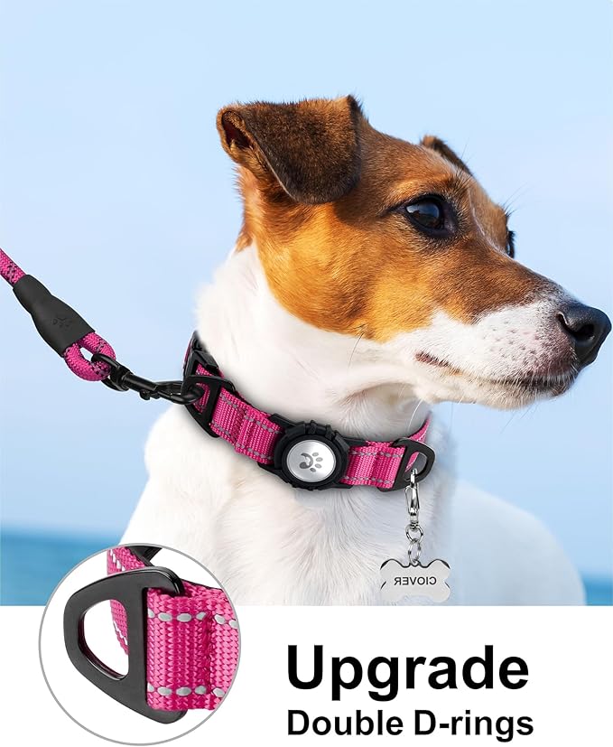TagME Airtag Dog Collar,Waterproof Reflective Pet Collar with Airtag Holder,Soft Padded and Double D-Rings for Puppy,Hot Pink
