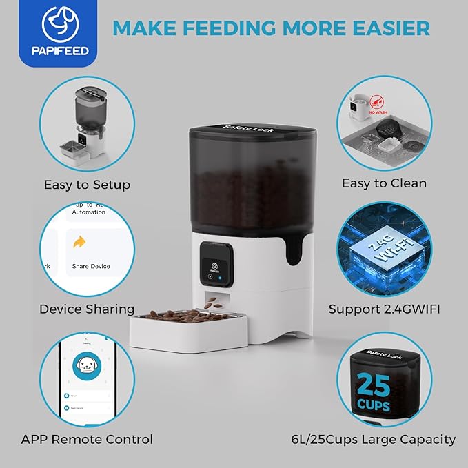 PAPIFEED Smart Automatic Cat Feeders: WiFi Pet Feeder with APP Control for Remote Feeding, Detachable for Easy Clean, Automatic Cat Food Dispenser with Alexa,1-10 Meals Per Day for Dog (6L/25Cup)