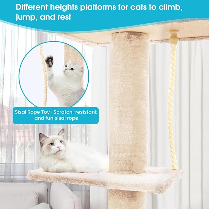 Cat Tree 5-Tier Floor to Ceiling, 89-109 Inch Adjustable Height Cat Tower with Cozy Hammock, Cat Climbing Tree for Indoor Cats, Beige