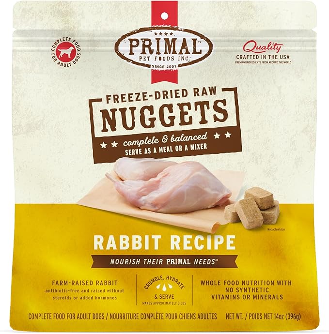 Primal Freeze Dried Raw Dog Food Nuggets, Rabbit, Complete & Balanced Meal, Also Use as Topper or Treat, Premium, Healthy, Grain Free, High Protein Raw Dog Food, 14 oz
