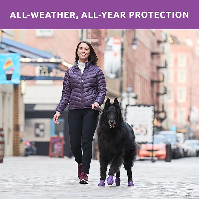 PawZ Rubber Dog Boots for Paws up to 4", 24 Total (2 Packs of 12) - All-Weather Dog Booties for Hot Pavement, Snow, Mud, and Rain - Waterproof, Anti Slip Dog Socks - Large, Purple