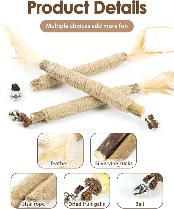 Tocirelo Kitten Chew Toys Teething - 6Pack Natural Silvervine Sticks for Cats, Matatabi Cat Feather Toy Chew Sticks, Cat Teeth Cleaning Treats for Indoor Bored Kitten