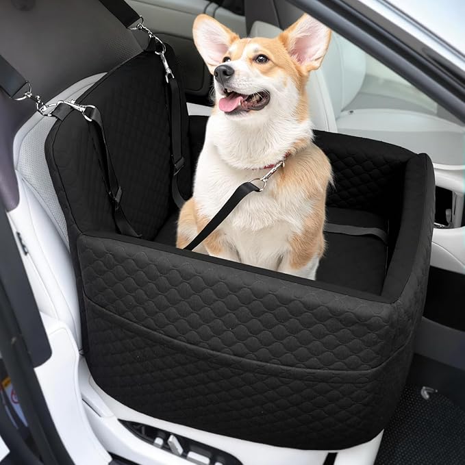 Dog Car Seat for Small & Medium Dogs Under 35lbs, Detachable & Washable Pet Car Seat, Interior Height 6 Inches Pet Travel Bed with Storage Pockets and 2 Dog Safety Belts (Black)