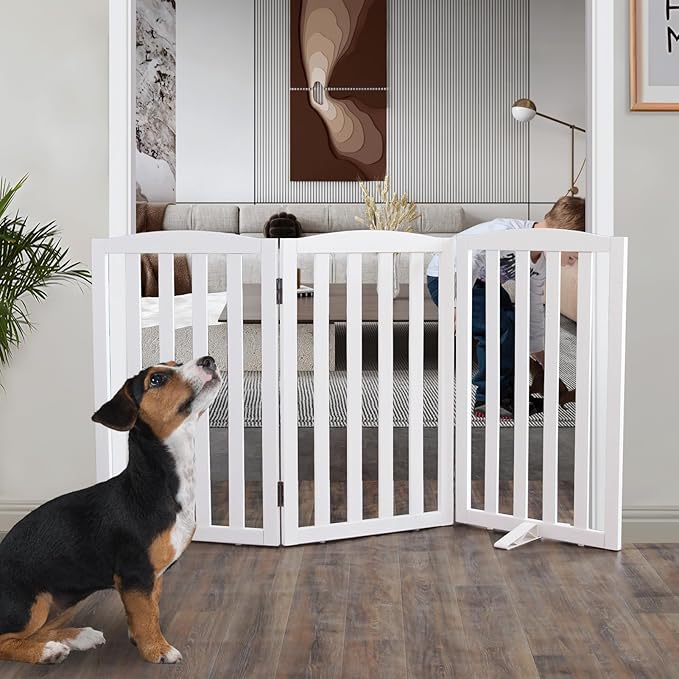 ZJSF Foldable Freestanding Indoor Dog Gate for House Wood White Long Pet Gates Dog Fence for Stairs Puppy Gates for Hallways,Pet Fence, Puppy Gate,Support Feet Included 32 "Height-3 Panels