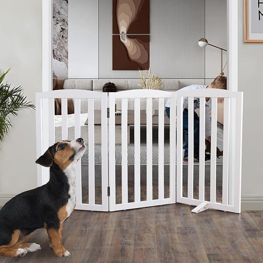 ZJSF Foldable Freestanding Indoor Dog Gate for House Wood White Long Pet Gates Dog Fence for Stairs Puppy Gates for Hallways,Pet Fence, Puppy Gate,Support Feet Included 32 "Height-3 Panels