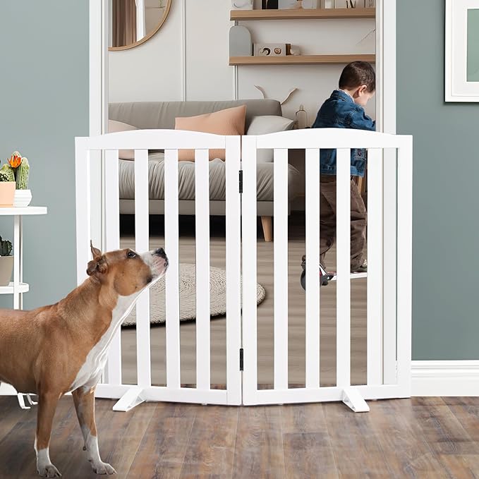 ZJSF Foldable Freestanding Indoor Dog Gate for House Wood White Long Pet Gates Dog Fence for Stairs Puppy Gates for Hallways,Pet Fence, Puppy Gate,Support Feet Included 32 "Height-2 Panels
