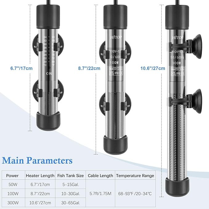 HITOP Thickened Glass Aquarium Heater: 50W 100W 300W Upgraded Fish Tank Heater with Controller, Fish Tank Thermostat Heater for Seawater/Fresh Water 5-65Gal