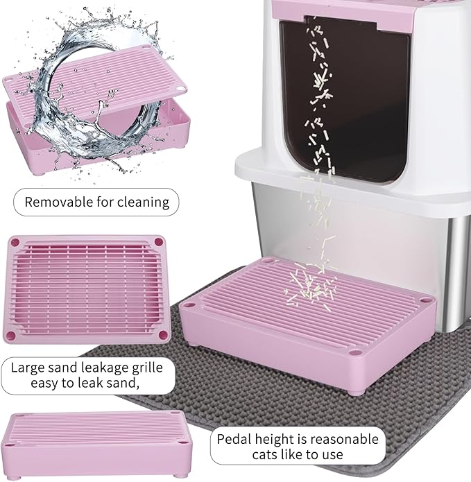 RIZZARI Stainless Steel Cat Litter Box, Odorless Enclosed Litter Box with Top Holes, Large Litter Pan for Small to Large Sized Cats (Dark Pink, 24" L*16" W*18" H)