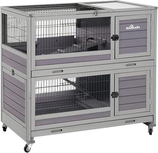 Aivituvin Rabbit Hutch Rabbit Cage Outdoor & Indoor on Wheels Bunny cage with Deep No Leak Pull Out Tray,Upgrade Version (Gray)
