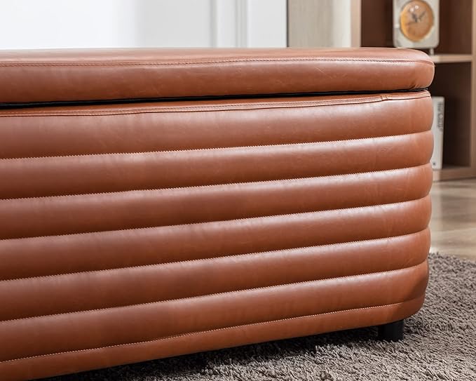 Storage Ottoman Bench Upholstered PU Leather End of Bed Stool with Safety Hinge for Bedroom, Living Room, Entryway (44.5-inch, Brown), TN2436