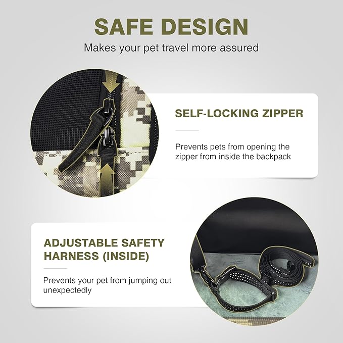 Collapsible Cat Backpack Carrier, Dog Backpack Carrier for Small Dogs Cats Up to 12 Lbs, Three-Sided Breathable Pet Backpack with Soft Padded, Designed for Outdoor and Travel Use, Camo