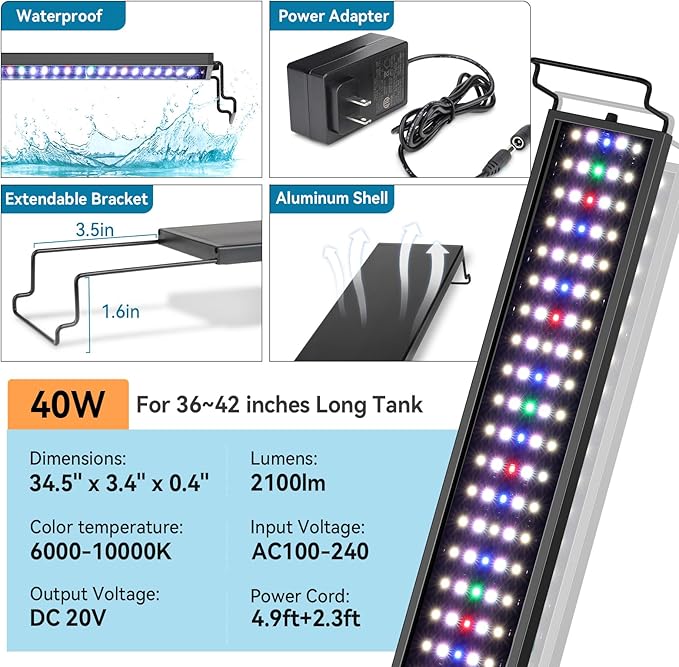 hygger Aquarium LED Light Fish Tank Full Spectrum Lighting with 24/7 Day-Night Cycle Mode & Auto On/Off Timer, 7 Colors Options, Dimmable, Extendable Bracket for 36~42in Freshwater Tank Plant Lights
