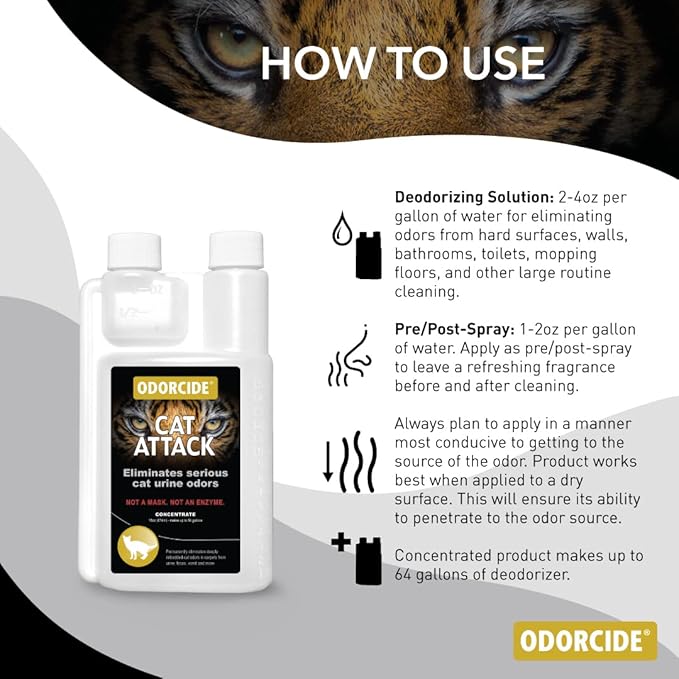 Odorcide Cat Attack Concentrate Odor Eliminator - Cat Urine Remover for Carpet & Upholstery - Litter Box Odor Eliminator - 16 oz