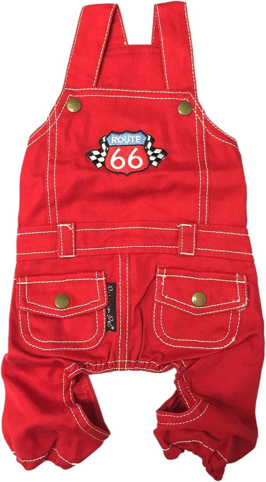 Parisian Pet Denim Overall - Embroidered 'Route 66' Red Jumpsuit - Breathable Costume - Machine Washable Outfit - Overalls for Large Dogs - L