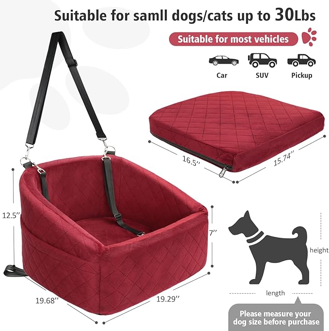 Dog Car Seat for Small Medium Dogs,Detachable Washable Dog Booster Seat Under 30lbs, Pet Car Seats Travel Bed with Storage Pockets and Safety Belt(Red)