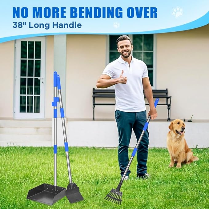 Larger Pooper Scooper Dog Pooper Scooper for Large Medium Small Dogs Heavy Duty Stainless Steel with Long Handle Tray Rake Shovel for Yard