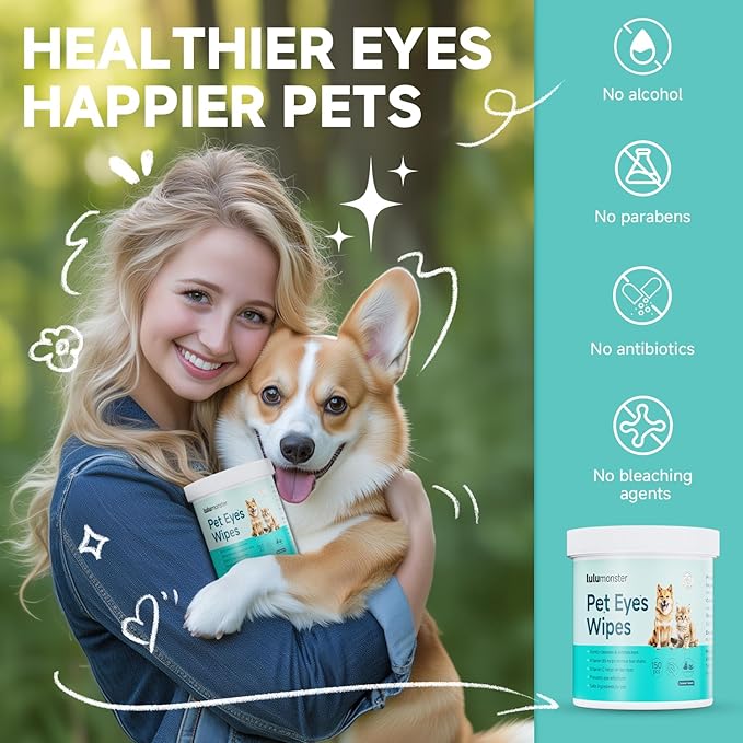 Pet Eyes Wipes for Dogs & Cats, Gentle Remove Tear Stain, Eye Debris, Discharge, Mucus Secretions Grooming Deodorizing Wipes, Non-irritating Ingredients with Aloe & Coconut Oil -150pcs