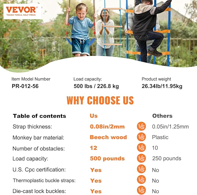 VEVOR Warrior Obstacle Course for Kids, 56FT Slackline with Gym Rings, Monkey Bars, Rope Knots, Portable Outdoor Course Training Equipment Set for Backyard