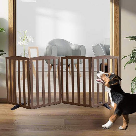 ZJSF Foldable Freestanding Indoor Dog Gate for House Wood Long Pet Gates Dog Fence for Stairs Puppy Gates for Hallways, Puppy Gate,Support Feet Included, Brown, 32 "Height-4 Panels
