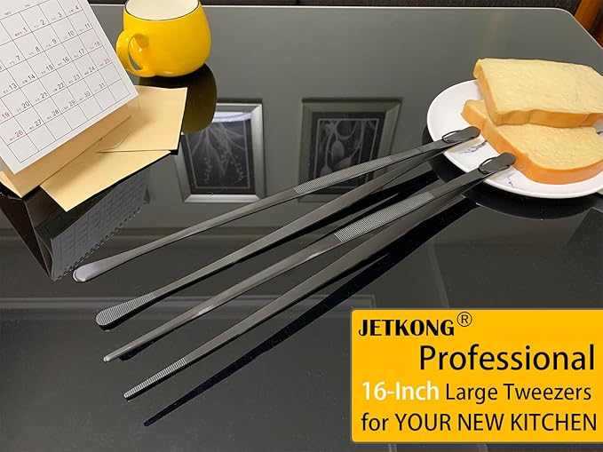 JETKONG 2 Pcs 16-Inch Heavy Duty Plating Tongs, Extra-Long Kitchen Fine Tongs Large Stainless Steel Cooking Forceps (Black)