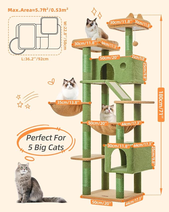 Taoqimiao Cactus Cat Tree, 71-Inch Cat Tower for Indoor Cats Large Adult, Multi-Level Large Cat Condo, 8 Sisal Scratching Posts, Metal Frame Cozy Hammock, Scratch Board, 2 Top Perches, MSC026L
