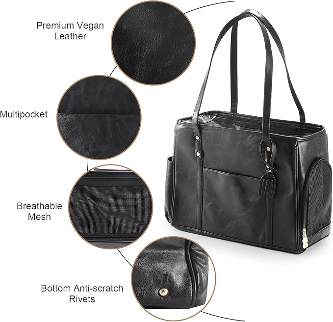 Fashion Dog Carrier Purse, Premium Leather Cat Carrier Bag, Airline Approved Soft Sided Pet Travel Tote Bag with Pockets Black