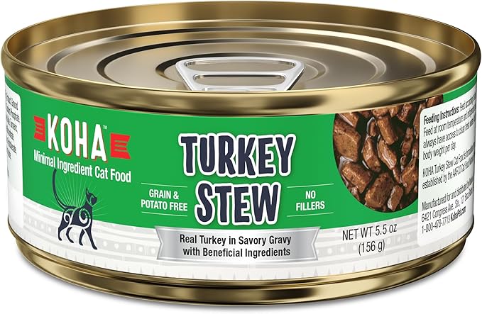 KOHA Minimal Ingredient Turkey Stew for Cats, High Protein Limited Ingredient Wet Cat Food, 5.5oz Cans (Case of 24)