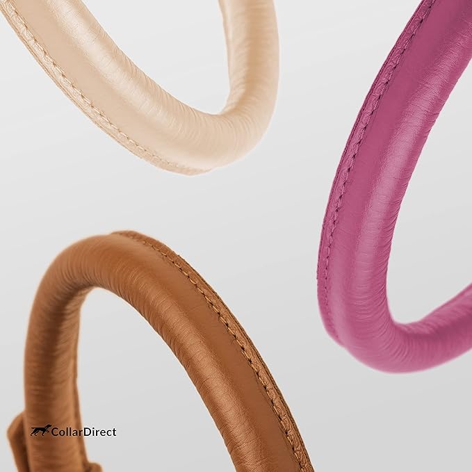 CollarDirect Rolled Leather Dog Collar, Soft Padded Round Puppy Collar, Handmade Genuine Leather Collar Dog Small Large Cat Collars 13 Colors (13-16 Inch, Pink Textured)