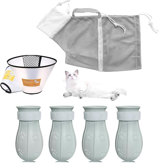 7-Piece Cat Bathing Set - Anti-Scratch Silicone Shoes, Claw Covers, Shower Net, Bathing Bag & Elizabethan Collar (Grey-3)