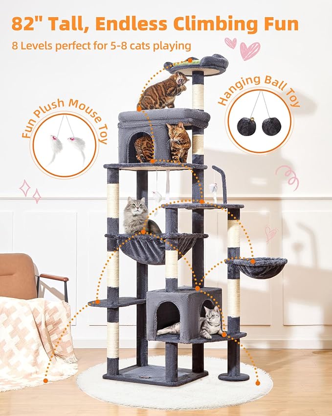 Taoqimiao 83In Heavy Duty Cat Tree, Suitable 20lb+ Large Cats, XXL-Cat Tower for Indoor Cats Large Adult, 2 Luxurious Cat Cando with 8 Scratching Posts,Oversized Metal Hammocks,Smoky Gray MS032G