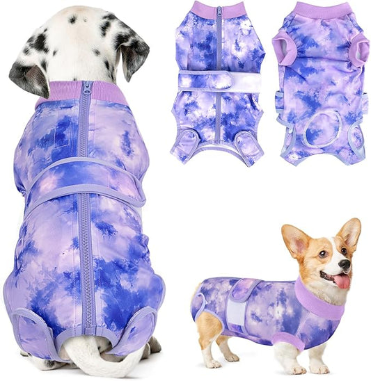Lukovee Recovery Suit for Dogs, Zipper On Recovery Suit for Female Male Dog, Onesie Abdominal Wounds Cone E-Collar Alternative Prevent Licking Spay Recovery Suit (4XL, Purple Tie-dye)