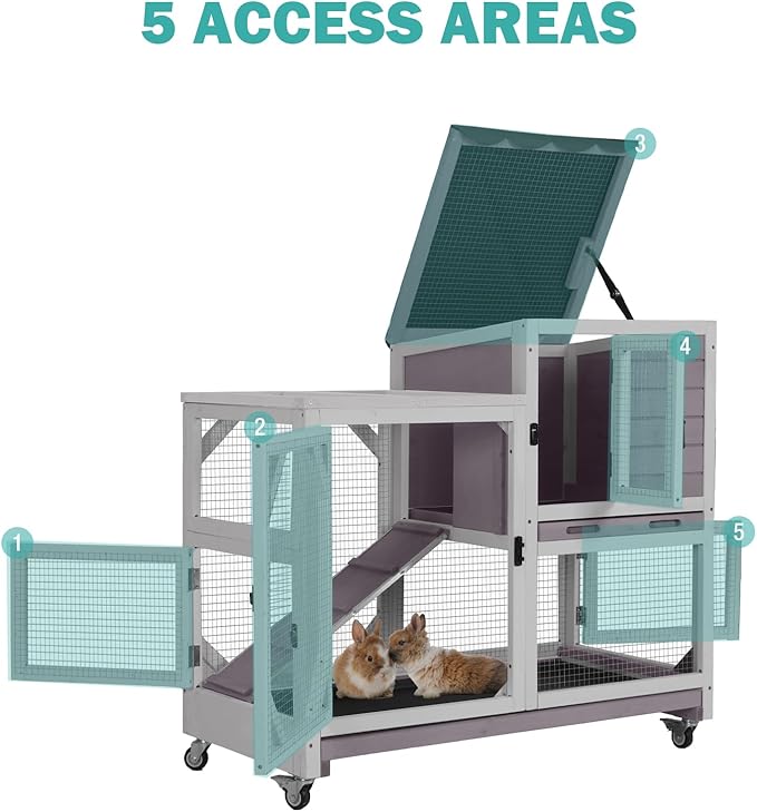 Rabbit Hutch Indoor for 2-4 Rabbits & Guinea Pigs，Bunny Cage with Slide-Out Plastic Trays，Wooden Small Animal Cage for Rabbits, Bunnies, and Guinea Pigs