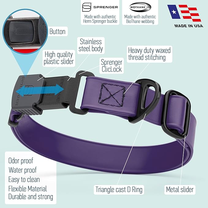 Dogline Biothane Waterproof Dog Collar with Herm Sprenger Black Stainless Steel Quick Release Buckle – Heavy Duty Tactical Durable Collar for Dogs – Comfortable and Safe Pet Collar, W 3/4" L 12-19"