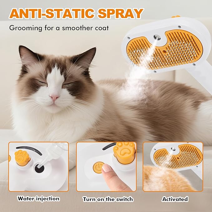 Pet Steam Brush for Cats and Dogs, 4-in-1 Cat Brush for Shedding, Spray Hair Removal Comb with 2 Waterless Shampoo, Pet Hair Removal Tool for Long & Short Haired Pets