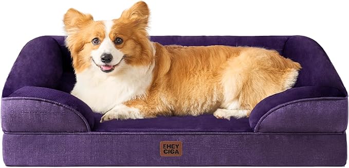EHEYCIGA Orthopedic Dog Beds for Large Dogs, Waterproof Memory Foam Large Dog Bed with Sides, Non-Slip Bottom and Egg-Crate Foam Pet Couch Bed with Washable Removable Cover, Purple