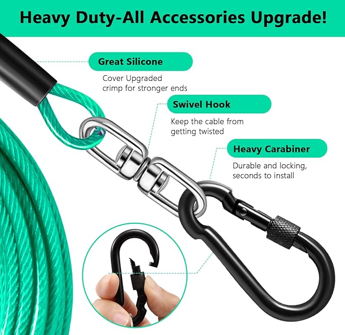 Dog Tie Out Cable 10FT-500Lbs,Heavy Duty Dog Leads&Tether for Yard with Swivel Hook,Small Large Dogs Leash Line for Outside,Rust Chew Proof Dogs Run Cable for Outdoor Camping (Green Cyan, 10FT)